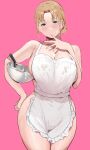 1girl apron blonde_girl_(okpriko) blonde_hair blue_eyes bowl breasts cream cream_on_face finger_sucking food food_on_face hand_on_own_hip highres holding holding_bowl large_breasts looking_at_viewer medium_hair mixing_bowl naked_apron okpriko original pink_background short_ponytail solo whisk white_apron 