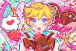  1boy blonde_hair blue_eyes blush doughnut ensemble_stars! food fruit green_hair harukawa_sora heart heart_on_chest highres looking_at_viewer male_focus multicolored_hair official_alternate_costume open_mouth peppermint purple_background short_hair sketch solo sparkle spoken_heart star_(symbol) strawberry switch_signal teeth 
