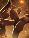 anthro anubis_(pal) back_muscles black_and_brown_fur blue_eyes butt daimonkisora desert detailed_background fighting_pose hi_res kick looking_at_viewer male pal_(species) palworld pose solo