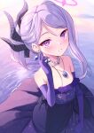  1girl black_horns blue_archive blush dangle_earrings demon_horns dress earrings elbow_gloves gloves halo highres hina_(blue_archive) hina_(dress)_(blue_archive) horns itaba_atsushi jewelry long_hair looking_at_viewer multiple_horns necklace official_alternate_costume official_alternate_hairstyle open_mouth pendant purple_dress purple_eyes purple_gloves solo strapless strapless_dress white_hair 