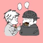  ... 2boys aikawa_(dorohedoro) blank_eyes chibi clueless colored_tips couple dorohedoro eating facial_mark food food_in_mouth greyscale_with_colored_background jitome male_focus medium_sideburns motion_lines multicolored_hair multiple_boys no_eyebrows pocky pocky_in_mouth risu_(dorohedoro) sasaki_(ssk_p3) thick_eyebrows yaoi 