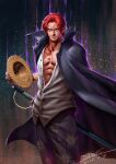  1boy abs absurdres black_coat closed_mouth coat commentary_request dannis dated facial_hair hat highres holding holding_clothes holding_hat male_focus one_piece open_clothes red_hair scar scar_across_eye scar_on_face shanks_(one_piece) shirt short_hair signature smile solo straw_hat sword unworn_hat unworn_headwear weapon white_shirt 