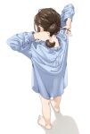  1girl arms_up artist_name bare_legs barefoot blue_shirt brown_hair collared_shirt commentary_request facing_away feet from_behind full_body long_hair long_sleeves mattaku_mousuke no_pants original ponytail see-through see-through_shirt shadow shirt simple_background solo standing toenails toes twitter_username tying_hair watermark white_background 