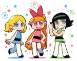  3girls :d black_footwear blonde_hair blossom_(ppg) blue_dress blue_eyes blush_stickers bow bright_pupils bubbles_(ppg) buttercup_(ppg) commentary contrapposto dress english_commentary green_dress green_eyes green_hair hair_bow hand_up highres long_hair looking_at_viewer multiple_girls open_mouth pantyhose pink_background pink_dress pink_eyes powerpuff_girls rariatto_(ganguri) red_bow shoes short_hair smile standing star_(symbol) twintails twitter_username v-shaped_eyebrows very_long_hair white_pupils 