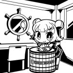  1girl barrel cevio chair chibi closed_mouth commentary_request double_bun flipped_hair full_body greyscale hair_bun hair_ornament hairclip hood hood_down hoodie hotel_room indoors koharu_rikka leaning_forward leaning_on_object long_sleeves looking_at_viewer lowres mirror monochrome moyasiwhite neck_ribbon pleated_skirt ribbon second-party_source short_hair skirt smile socks solo standing synthesizer_v table v-shaped_eyebrows window 