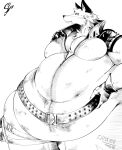 anthro belly belt belt_buckle big_belly canid canine clothing epic_games fennix_(fortnite) fortnite fox gloves handwear hi_res latex latex_clothing looking_away male mammal monochrome moobs obese overweight simple_background solo sori_e spikes straps thick_thighs