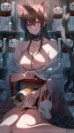  1girl absurdres animal animal_ears bare_shoulders black_hair breasts cat cat_ears cat_girl cat_tail fox_mask gradient_background hana_hebi highres japanese_clothes kimono long_hair mask medium_breasts original parted_lips sitting solo tail wariza white_kimono 
