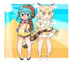  2girls animal_ears back_bow bare_legs bare_shoulders blonde_hair blue_eyes blush bow bowtie brown_hair brown_hoodie cat_ears cat_girl cat_tail elbow_gloves extra_ears frilled_skirt frills geta gloves hair_between_eyes hands_in_pockets high-waist_skirt highres hood hood_up hoodie kanimiso_na_double kemono_friends multicolored_hair multiple_girls nose_blush open_mouth print_bow print_bowtie print_gloves print_hoodie print_skirt print_socks pyramid_(structure) sand_cat_(kemono_friends) sand_cat_print shirt shoes short_hair sidelocks skirt sleeveless snake_girl snake_print snake_tail socks sparkle sweatdrop tail tail_around_another&#039;s_leg tengu-geta tsuchinoko_(kemono_friends) wavy_mouth white_footwear white_shirt yellow_eyes yellow_hoodie 
