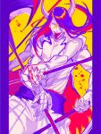  1boy a_nzi_end absurdres arrancar asymmetrical_horns bleach blood border broken_mask extra_arms eyepatch facial_mark halftone highres holding holding_scythe holding_weapon horns long_hair male_focus mask multicolored_hair nnoitra_gilga one-eyed pants pectorals purple_border resurreccion scythe solo tattoo teeth tongue tongue_out tongue_tattoo torn_clothes two-tone_hair upper_teeth_only weapon white_pants yellow_background 