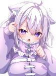  1girl absurdres ahoge animal_ear_fluff animal_ears blush cat_ears cat_girl clothing_request highres hololive long_hair looking_at_viewer nekomata_okayu official_alternate_costume open_mouth purple_eyes purple_hair shino_nome star_(symbol) star_in_eye symbol_in_eye two_side_up virtual_youtuber white_background 