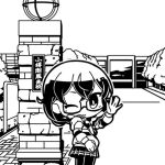  1girl braid building cevio chibi closed_mouth commentary_request feet_out_of_frame from_side glasses greyscale hanakuma_chifuyu hand_up jacket long_hair long_sleeves looking_at_viewer low_twin_braids lowres monochrome moyasiwhite one_eye_closed otaru_(hokkaido) outdoors pantyhose plaque pleated_skirt real_world_location school second-party_source skirt smile solo synthesizer_v translation_request tree twin_braids waving 