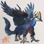  animal_focus beak bird_wings brown_background cassowary chimera commentary creature english_commentary feathered_wings from_side full_body griffin highres looking_at_viewer no_humans original red_eyes signature simple_background solo talons twitter_username wings yamamura_le 