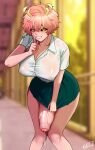 absurd_res ashido_mina big_breasts biped blush bottomwear breasts cleavage clothed clothing crossgender ftg_crossgender fti_crossgender genitals gojich1 gynomorph hair hi_res humanoid intersex looking_at_viewer my_hero_academia no_underwear not_furry penis pink_body pupils smile thick_thighs