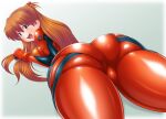 1girl ass blue_eyes bodysuit breasts from_behind long_hair looking_at_viewer looking_back lying medium_breasts neon_genesis_evangelion open_mouth orange_hair plugsuit red_bodysuit skin_tight smile solo souryuu_asuka_langley thighs yamagakitaze 