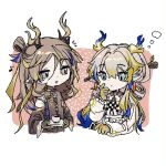  2girls :d arknights blue_hair brown_eyes brown_gloves brown_hair character_request chibi collared_shirt cropped_torso cup ear_piercing earrings eighth_note gloves grey_eyes hair_between_eyes holding holding_saucer horns jewelry long_hair long_sleeves multicolored_hair multiple_girls musical_note piercing pointy_ears saucer shirt shu_(arknights) smile streaked_hair sulfurrr upper_body white_background white_shirt 