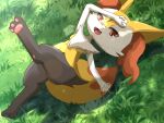  1girl :3 animal_ear_fluff animal_ears animal_feet animal_nose arm_on_own_head arm_up black_fur body_fur braixen breasts commentary_request dappled_sunlight day fang feet fox_ears fox_girl fox_tail from_above furry furry_female grass green_background happy highres jigoku_no_kohitsuji_wa_nii leg_up legs looking_at_viewer lying multicolored_fur on_back on_ground open_mouth outdoors pawpads pokemon pokemon_(creature) red_eyes small_breasts smile soles solo sunlight tail thick_thighs thighs toes white_fur yellow_fur 