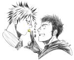  2boys aikawa_(dorohedoro) black_hair blonde_hair colored_tips couple cropped_head dated dorohedoro eye_contact facial_mark greyscale hikui_mya hood hood_down looking_at_another male_focus medium_sideburns monochrome mouth_hold multicolored_hair multiple_boys no_eyebrows profile risu_(dorohedoro) smile spot_color thick_eyebrows yaoi 