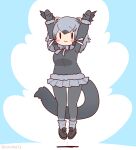  1girl animal_ears arms_up binturong_(kemono_friends) binturong_girl blue_background blue_hair bow bowtie coroha extra_ears full_body gloves jacket jumping kemono_friends looking_at_viewer pantyhose ribbon shoes short_hair simple_background skirt socks solo tail 