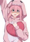  1girl absurdres animal_costume animal_hood arm_up blue_eyes blush bocchi_the_rock! gotoh_hitori hair_between_eyes hand_up heart heart-shaped_pillow highres hood hugging_object long_hair long_sleeves mosa_1120 pillow pillow_hug pink_hair simple_background solo sweat upper_body white_background 