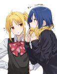  2girls :o ahoge black_sweater black_sweater_vest blonde_hair blue_hair bocchi_the_rock! bow bowtie brown_eyes collared_shirt hair_ornament hair_scarf highres ijichi_nijika kanaria_hisagi long_hair long_sleeves looking_at_another mole mole_under_eye multiple_girls parted_lips polka_dot_bowtie profile red_bow red_bowtie school_uniform shimokitazawa_high_school_uniform shirt short_hair side_ponytail simple_background sleeves_past_wrists sweater sweater_vest translated white_background white_shirt yamada_ryo yellow_eyes 