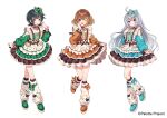  3girls absurdres ahoge akatsuki_clara amagi_hana blush bow brown_eyes brown_hair dress green_bow green_dress green_hair grey_hair highres kanaru_hanon long_hair multiple_girls one_eye_closed orange_eyes orange_hair palette_project short_hair tokiwa_kaname virtual_youtuber 