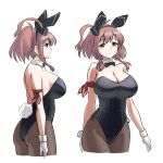  1girl animal_ears ass back bare_shoulders black_leotard black_pantyhose blue_eyes borrowed_design bow bowtie breasts brown_hair cleavage covered_navel detached_collar fake_animal_ears hair_between_eyes high_side_ponytail kantai_collection large_breasts leotard long_hair pantyhose playboy_bunny ponytail rabbit_ears rabbit_tail saratoga_(kancolle) side_ponytail smile solo strapless strapless_leotard tail tamu_(mad_works) traditional_bowtie wrist_cuffs 