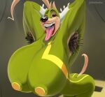 absurd_res alpha_garza_(vimhomeless) anthro arched_back armpit_cutout armpit_hair big_breasts big_teeth black_nose body_hair bodysuit breasts brown_eyes canid canine canis clothing domestic_dog female green_bodysuit green_skinsuit hands_behind_head hi_res mammal mask muscular muscular_anthro muscular_female open_mouth portrait skinsuit solo three-quarter_portrait tight_clothing tongue top_heavy vimhomeless