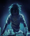  1boy azu_(acha2223) blue_theme bottle bowl bug commentary_request dark fly highres male_focus original plate shaded_face shirt sink solo t-shirt upper_body 
