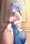  1girl ako_(blue_archive) ako_(dress)_(blue_archive) ass bare_arms bare_shoulders blue_archive blue_dress blue_eyes blue_hair blue_halo blush breasts dress duplicate from_behind halo highres katsushika_pachi large_breasts looking_at_viewer looking_back medium_hair official_alternate_costume open_mouth purple_nails solo 