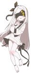  1girl absurdres blindfold blue_archive blush colored_skin covered_eyes dress full_body highres index_finger_raised long_hair long_sleeves ohr_(blue_archive) opossumachine simple_background solo toes tongue tongue_out white_background white_dress white_hair white_skin wide_sleeves 