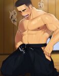  1boy abs bara black_hair blush closed_mouth clothed_masturbation clothing_cutout collarbone commentary_request cum cum_in_clothes cum_through_clothes dojo hakama hakama_pants half-closed_eye highres japanese_clothes kneeling large_pectorals male_focus male_masturbation masturbation muscular muscular_male nipples one_eye_closed open_mouth original pants pectorals sarukichi_6401 short_hair solo steaming_body strongman_waist sweat thick_eyebrows thigh_cutout topless_male translation_request very_sweaty 