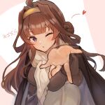  1girl ahoge artist_name black_coat blowing_kiss brown_hair coat commentary_request double_bun gold_hairband hair_bun hairband kantai_collection kongou_(kancolle) long_hair looking_at_viewer official_alternate_costume one_eye_closed scarf solo upper_body white_scarf wss_(nicoseiga19993411) 