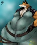 anthro belly belt belt_buckle big_belly canid canine clothing epic_games fennix_(fortnite) fortnite fox fur gloves green_clothing handwear hi_res latex latex_clothing looking_away male mammal moobs obese orange_body orange_fur overweight purple_spikes simple_background solo sori_e spikes straps thick_thighs white_body white_fur yellow_eyes