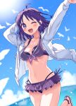  1girl ;d absurdres ahoge arms_up bikini bikini_skirt blush breasts cleavage collarbone commentary_request dorisu_(dolly-su) highres jacket medium_hair navel ocean one_eye_closed open_clothes open_jacket open_mouth original purple_bikini purple_eyes purple_hair smile solo swimsuit white_jacket 