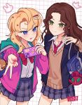 2girls :p anne_(reverse:1999) bag bag_charm blonde_hair blonney blue_bag blue_jacket blue_skirt bow bowtie brown_hair brown_vest charm_(object) closed_mouth collared_shirt cowboy_shot green_eyes grid_background gyaru_v hair_ornament hairclip hand_up hands_up holding holding_phone hood hooded_jacket jacket looking_at_viewer miniskirt multiple_girls necktie outstretched_arm phone pink_jacket plaid plaid_skirt pleated_skirt purple_eyes red_bow red_bowtie red_nails red_necktie reverse:1999 rocky_ricky school_bag school_uniform shirt shirt_tucked_in skirt smile star_(symbol) star_hair_ornament sweater_vest tongue tongue_out v v-shaped_eyebrows vest white_shirt 