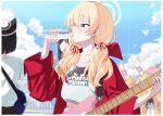  4girls airi_(blue_archive) animal_ears black_hair blonde_hair blue_archive bottle cat_ears colored_inner_hair day drinking electric_guitar guitar hair_ribbon halo highres holding holding_bottle instrument jacket kazusa_(blue_archive) long_hair long_sleeves multicolored_hair multiple_girls natsu_(blue_archive) official_alternate_costume open_clothes open_jacket outdoors pink_hair pink_halo red_jacket red_ribbon ribbon shirt short_hair tress_ribbon white_shirt yamada_seimei yellow_eyes yellow_halo yoshimi_(blue_archive) 