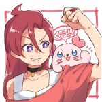  1girl animal_on_shoulder asymmetrical_bangs black_choker bright_pupils casual choker clenched_hand commentary flexing grin hair_between_eyes jewelry kururun_(precure) long_hair looking_at_another notice_lines off-shoulder_shirt off_shoulder piku_(another_pikuru) precure purple_eyes red_hair red_shirt ring shirt smile solo takizawa_asuka tank_top translated tropical-rouge!_precure very_long_hair white_pupils white_tank_top 