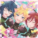  3boys aoba_tsumugi blonde_hair blue_eyes blue_hair ensemble_stars! glasses green_eyes harukawa_sora headset heart_on_cheek highres holding_hands iw_water looking_at_viewer male_focus multicolored_hair multiple_boys official_style one_eye_closed red_hair sakasaki_natsume short_hair short_hair_with_long_locks switch_(ensemble_stars!) white_hair yellow_eyes 