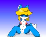 absurd_res blonde_hair blue_body blue_eyes blue_fur bodily_fluids brush brushing cum cum_in_pussy cum_inside domestic_cat felid feline felis female fur genital_fluids hair hi_res humanoid lila_(magicatto) magicatto mammal sitting solo