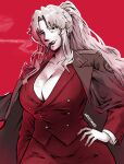  1girl balalaika_(black_lagoon) black_lagoon breasts brown_coat burn_scar cigar coat coat_on_shoulders commentary curvy english_commentary hand_on_own_hip highres large_breasts long_coat long_hair looking_at_viewer mature_female miss_faves mole mole_under_eye no_bra pencil_skirt ponytail red_background red_lips red_suit red_theme scar scar_across_eye scar_on_breasts scar_on_face scar_on_neck sidelocks skirt skirt_suit smoking solo spot_color suit taut_clothes teeth trench_coat 