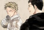  2boys aikawa_(dorohedoro) black_hair blonde_hair colored_tips couple dorohedoro facial_hair facial_mark get3 looking_at_another looking_back male_focus medium_sideburns multicolored_hair multiple_boys no_eyebrows risu_(dorohedoro) sideburns_stubble smile stubble thick_eyebrows upper_body yaoi 