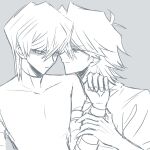  2boys arm_strap commentary couple grey_background half-closed_eyes hand_on_another&#039;s_arm hand_up highres imminent_kiss jounouchi_katsuya kaiba_seto kakera4205 looking_at_viewer male_focus monochrome multiple_boys parted_lips shirt short_hair shy sketch skin_tight smile symbol-only_commentary t-shirt turtleneck_shirt upper_body yaoi yu-gi-oh! yu-gi-oh!_duel_monsters 