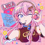  1girl blue_eyes blush brown_shirt character_name dated food happy_anniversary headset hitopm holding holding_food macaron megurine_luka pink_hair shirt sleeveless sleeveless_shirt solo vocaloid 