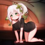  1girl all_fours bare_legs barefoot bell black_panties black_shirt blurry blurry_background blush breasts bright_pupils choker closed_mouth collarbone cross-shaped_pupils curly_hair full_body genshin_impact gradient_hair green_eyes green_hair hair_between_eyes hair_ornament heart highres jingle_bell leaf_hair_ornament looking_ahead mochikushi multicolored_hair nahida_(genshin_impact) neck_bell no_pants off_shoulder panties pointy_ears ponytail shirt short_sleeves sidelocks single_bare_shoulder small_breasts smile solo streaked_hair string_panties symbol-shaped_pupils underwear white_hair 