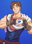  1boy artist_logo artist_name asamine_matakara blue_background blue_eyes blush bracelet brown_hair bucchigiri?! earrings feet_out_of_frame fingerless_gloves gloves heart heart_hands highres jewelry looking_at_viewer male_focus mature_male muscular muscular_male necklace scarf shirt short_hair simple_background sleeveless smile solo spiked_hair syrop_(syr_ooo_p) teeth upper_body 