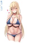  1girl absurdres atago_(kancolle) bikini blonde_hair blue_bikini blush breasts collarbone cowboy_shot cropped_legs facing_viewer grin hand_on_own_chest heart highres kantai_collection large_breasts long_hair lowleg lowleg_bikini navel nose_blush one-hour_drawing_challenge simple_background smile solo swimsuit tf_cafe twitter_username white_background 