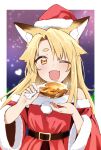  1girl animal_ear_fluff animal_ears ariyoshi_gen asymmetrical_bangs bare_shoulders belt blonde_hair blurry blurry_background blush chicken_leg christmas detached_sleeves dress drooling fangs food fox_ears hat heart holding holding_food looking_at_viewer motion_lines open_mouth orange_eyes original paid_reward_available pom_pom_(clothes) santa_costume santa_hat skin_fangs smile solo sparkle strapless strapless_dress thick_eyebrows upper_body yue-chan 