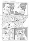 anthro balls bodily_fluids bottomwear boxers_(clothing) canid canine canis catsudon clothed clothing comic comic_panel cum cum_in_mouth cum_inside cumshot dialogue domestic_cat domestic_dog drawing droste_effect duo ejaculation english_text erection felid feline felis fellatio fur furniture genital_fluids genitals grey_background greyscale hand_on_penis hi_res male male/male mammal mise_en_abyme monochrome oral paper pencil_(object) penile penis penis_in_mouth sex simple_background speech_bubble table tail text tongue tongue_out topless topwear underwear
