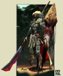  1boy artist_name beak bird_boy blurry blurry_background chest_tattoo commentary day digitigrade expressionless from_side full_body furry furry_male highres holding holding_shield holding_sword holding_weapon leg_tattoo legs_together loincloth looking_at_viewer male_focus multicolored_background murayama_ryouta no_lineart original outdoors shield signature solo standing sword talons tattoo topless_male weapon white_eyes yellow_background 