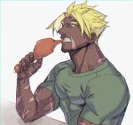  1boy adam&#039;s_apple beowulf_(fate) biting blonde_hair chicken_(food) dark-skinned_male dark_skin facial_hair fate/grand_order fate_(series) fingernails food goatee_stubble green_shirt highres looking_ahead multiple_girls muscular muscular_male pectorals red_eyes scar scar_on_face scar_on_hand scar_on_neck shirt short_hair short_sleeves skin_tight solo stubble t-shirt thick_eyebrows udaruga white_background 